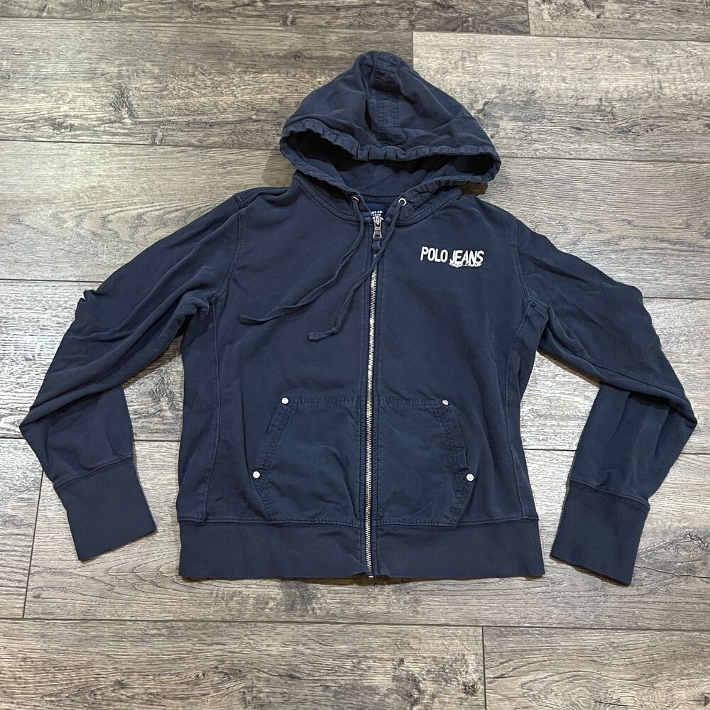 Vintage Y2K Polo Jeans Co Ralph Lauren  Logo Zip Hoodie Sweatshirt Navy Blue L